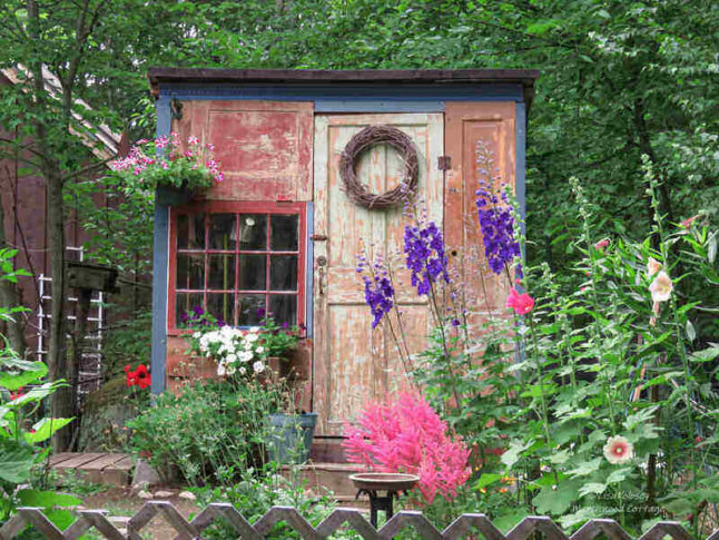 Rustic boxy she shed with weathered red wood and flowers all around