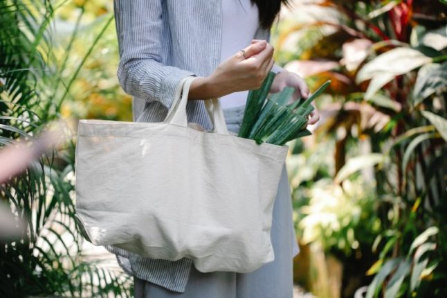 Crop unrecognizable woman carrying bag with vegetables in garden