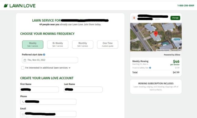 Screenshot showing Lawn Love booking options