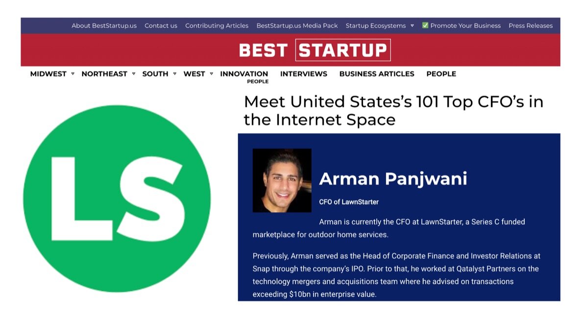 Arman Panjwani, LawnStarter CFO photo with LawnStarter logo with Best Startup US logo