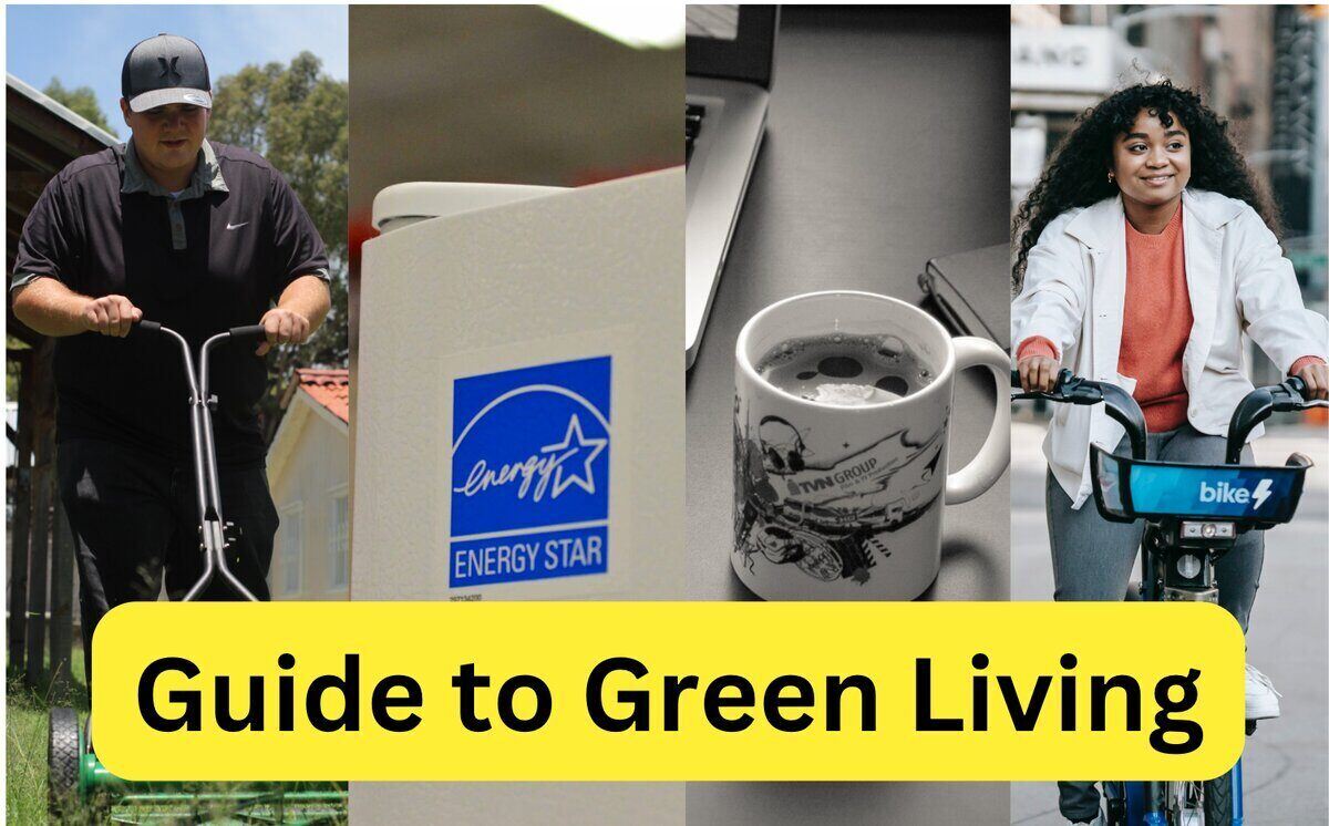 Composite image showing four ways to live a greener life (man pushing a reel lawn mower, Energy Star logo on appliance, coffee mug at the office, woman riding a bike to work)