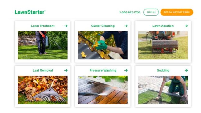 Screenshot showing services offered by LawnStarter