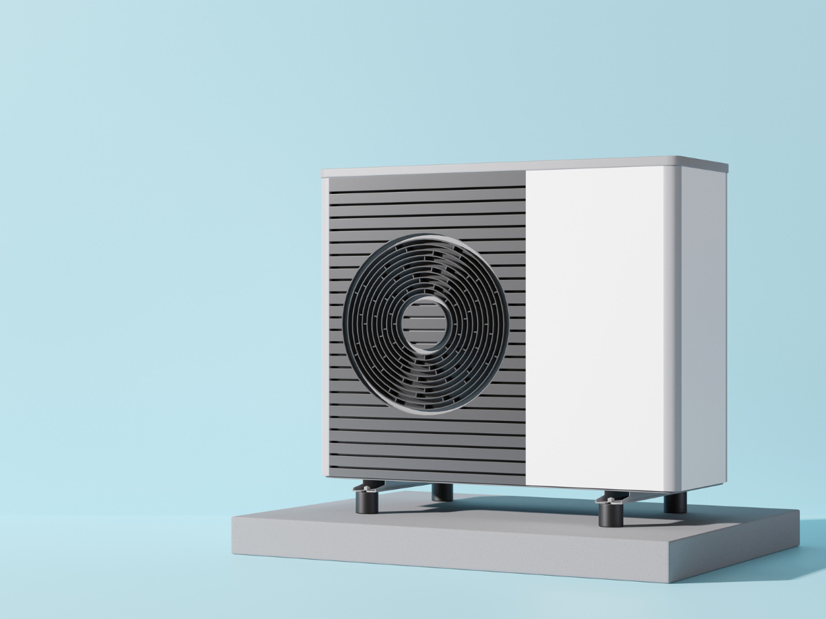 A picture showing an air heat pump with a blue background