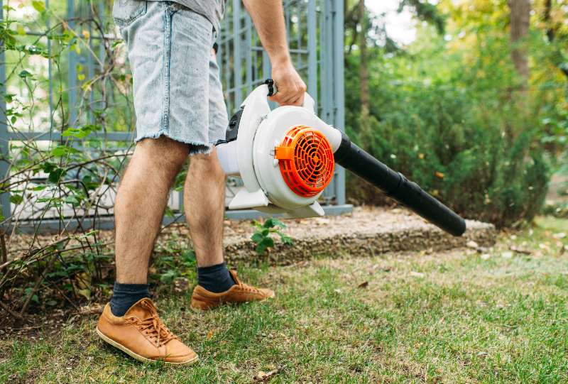 Man using a handheld leaf blower in a garden, wearing denim shorts and brown shoes, cleaning grass near metal fence.