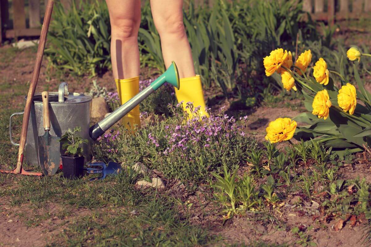 Gardener wearing yellow gardening boots with no pants, seen from the knees and down, and standing amidst flowers in a garden