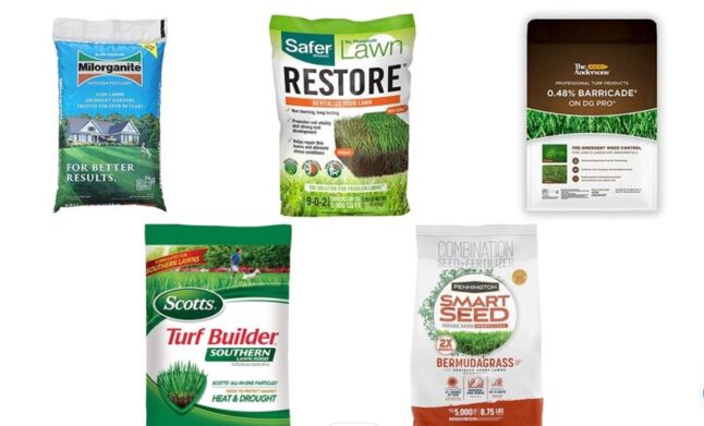 Group of photos of the bags of the best fertilizers for Bermudagrass