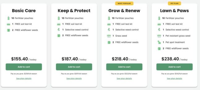 Sunday lawn care plans screenshot detailing 4 plans and their prices