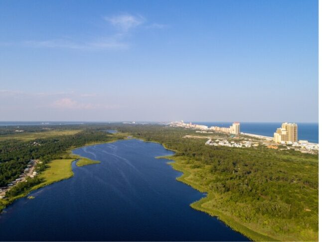 Aerial shot of Gulf Shores Alabama, in Baldwin County