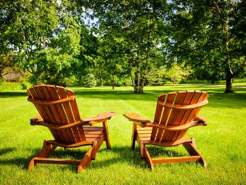 two Adirondack chairs in a sunny grass field