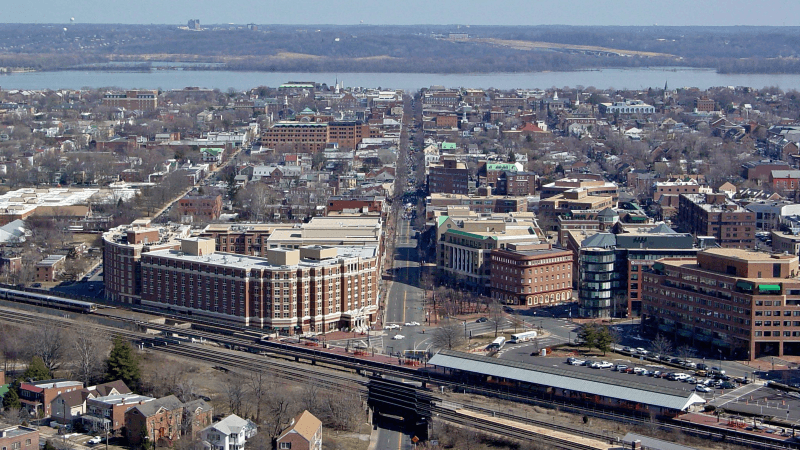 An aerial view of Downtown Alexandria, Virginia, with the Potomac River in the background