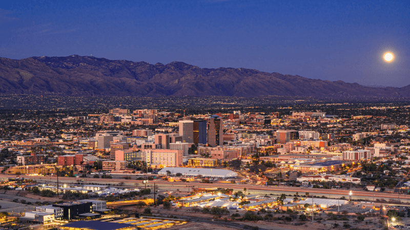 An aerial view of Tucson, Arizona, at night