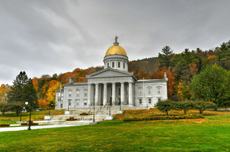 Colorful foliage surrounds the Vermont State Capitol Building