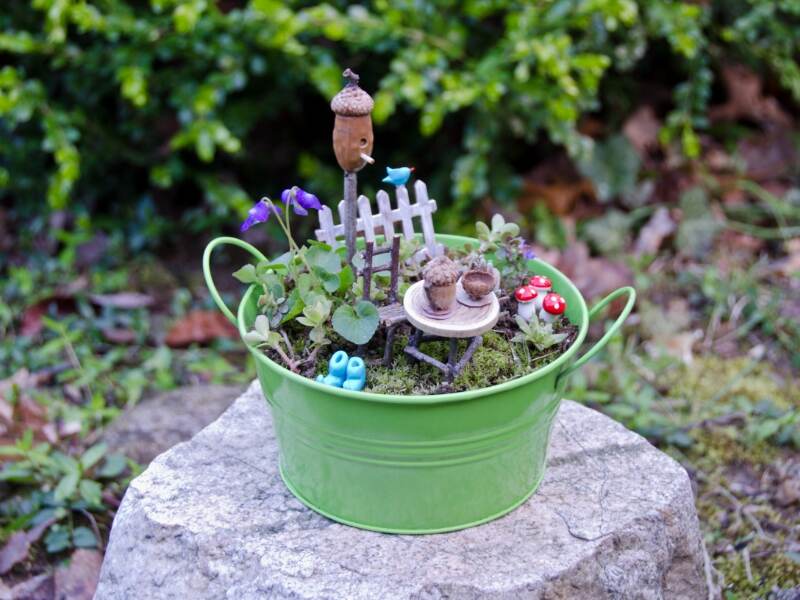 fairy garden in a green pot