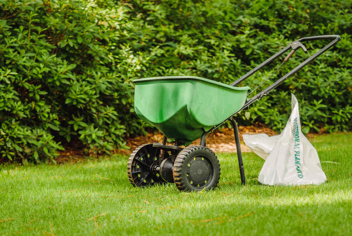 Manual walk behind grass seed spreader and bag of lawn fertilizer in a green residential backyard.