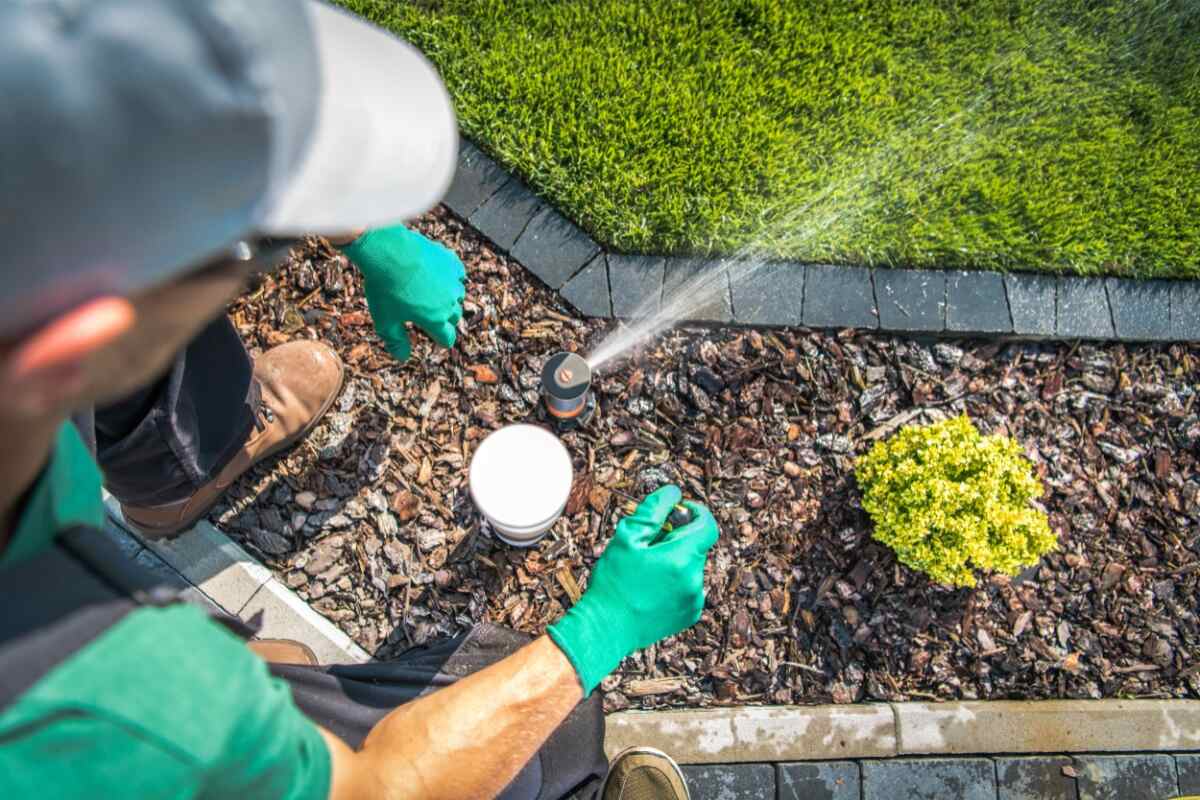 Sprinkler professional adjusting a sprinkler head