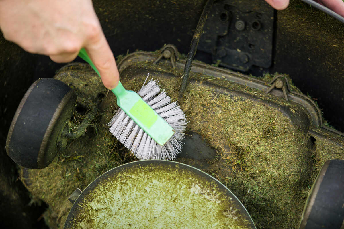 Close up view of man hand brushing off layer of wet grass stuck under lawnmower