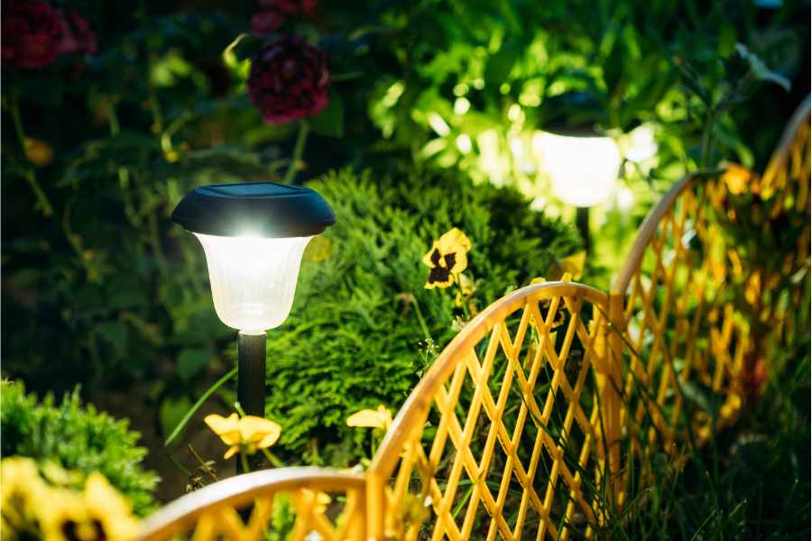 garden lights in a flower bed