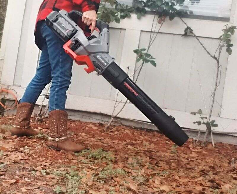 person blowing leaves using a leaf blower