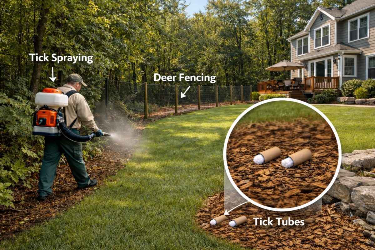 Worker sprays wooded yard edge near home, with deer fencing and tick tubes highlighted as tick control methods around lawn.