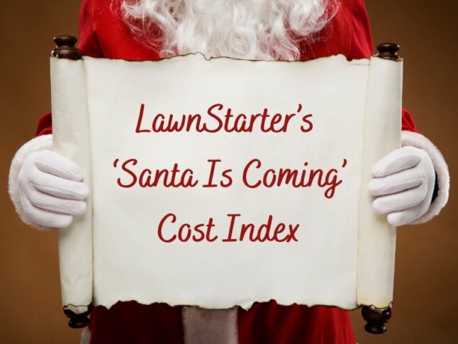 Santa holding sign that says "LawnStarter's 'Santa Is Coming' Cost Index