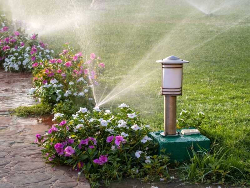 sprinklers in flower beds