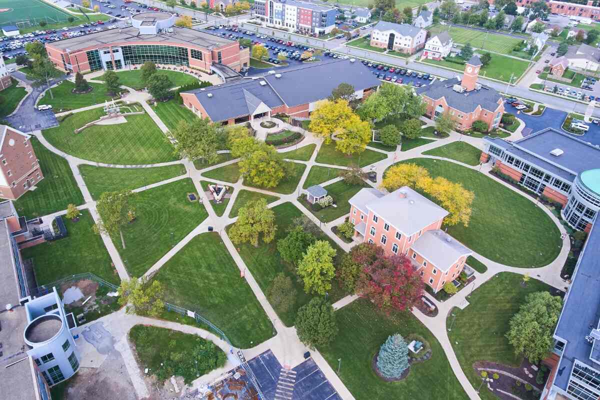 Aerial grounds of a College campus in Northeast Indiana