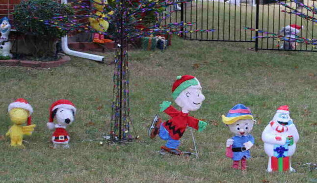 Lightweight holiday decorations on a lawn -- Snoopy, Woodstock, Charlie Brown and friends.