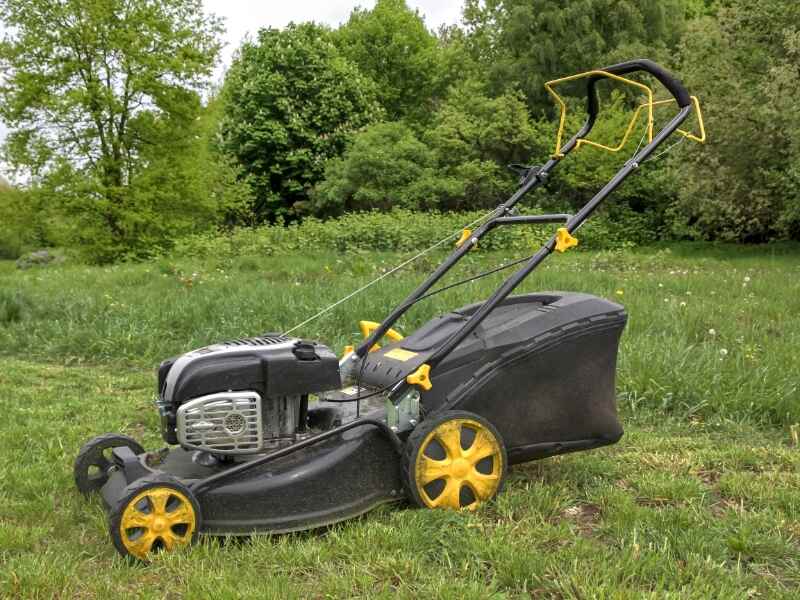 black self-propelled lawn mower