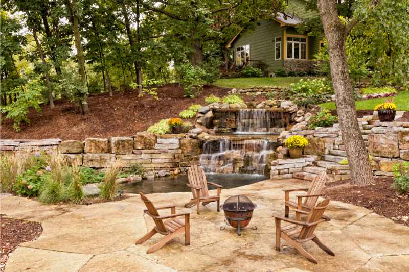 house backyard landscaping with water feature