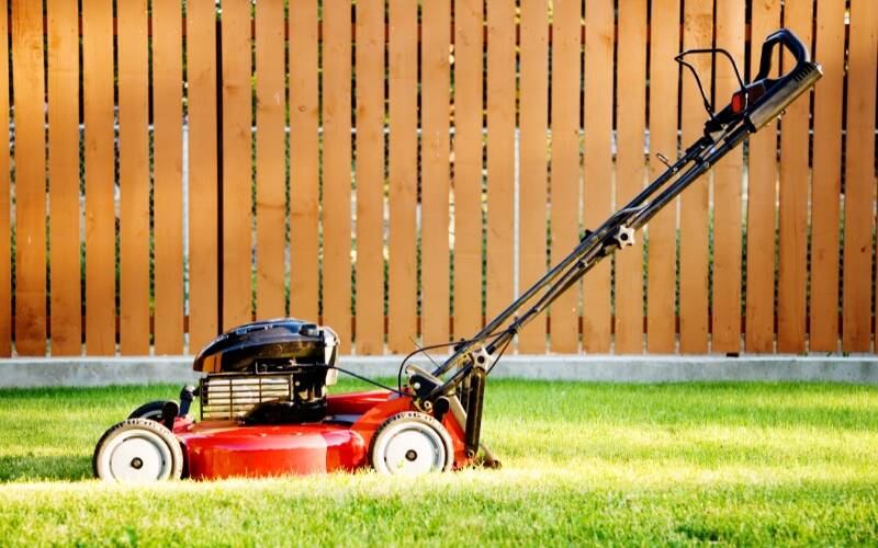 red self-propelled lawn mower