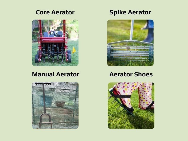 A Collage showing core aerator, manual aerator, spike aerator and aerator shoes.