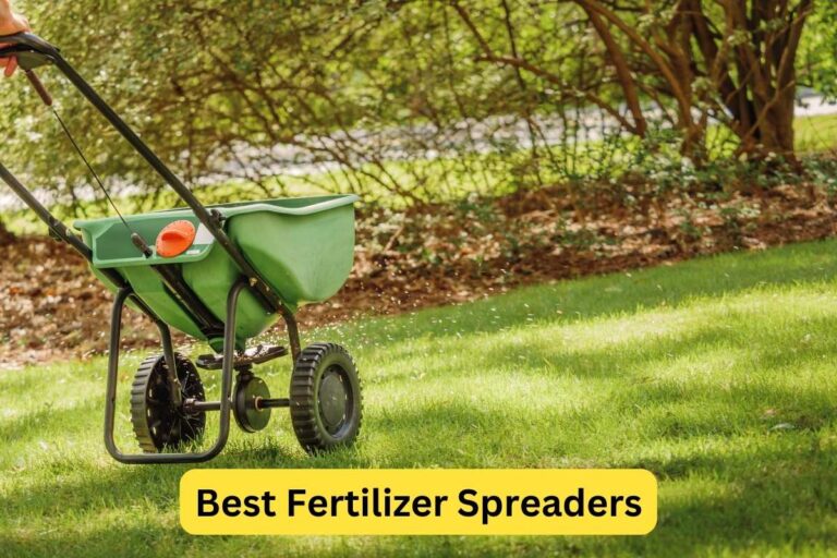Fertilizing and seeding residential backyard lawn with manual grass fertilizer spreader with Text Overlay