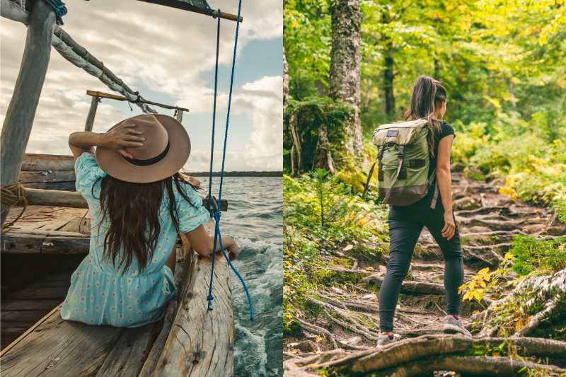 side by side image of a woman sailing and hiking