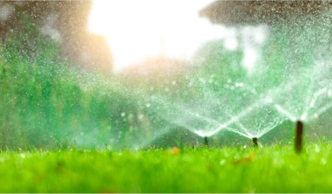 automatic lawn sprinklers watering green grass