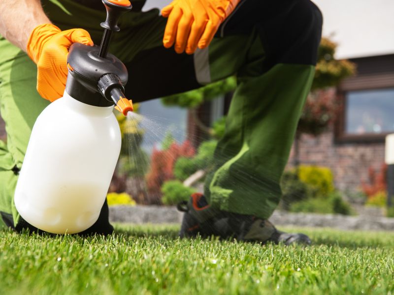 A person spraying liquid herbicide in a lawn