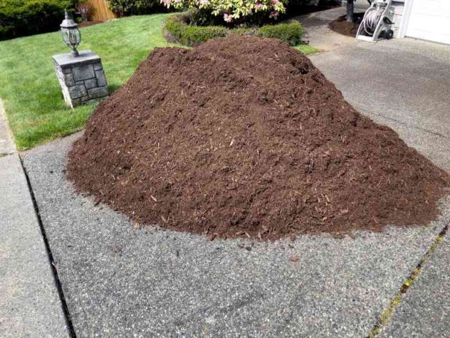 Topsoil pile in home driveway for lawn maintenance