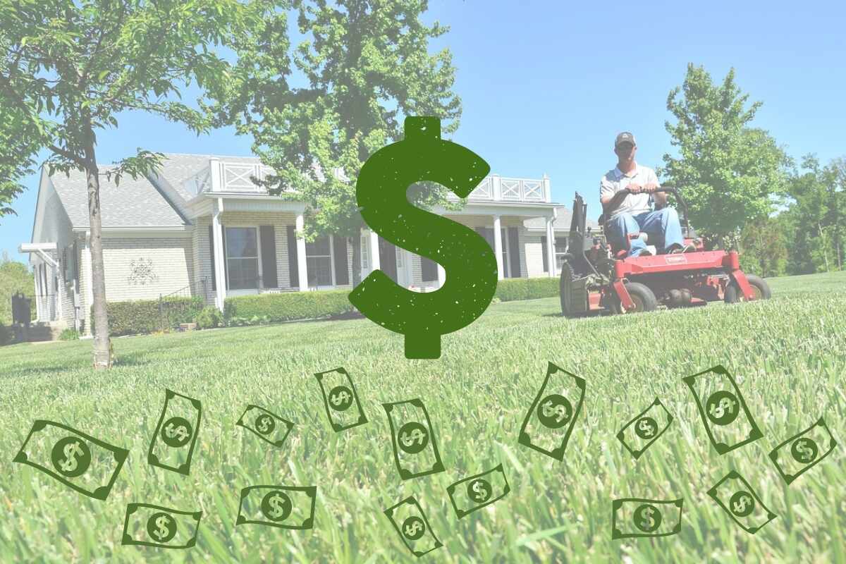 man mowing the lawn with money and dollar signs in the grass
