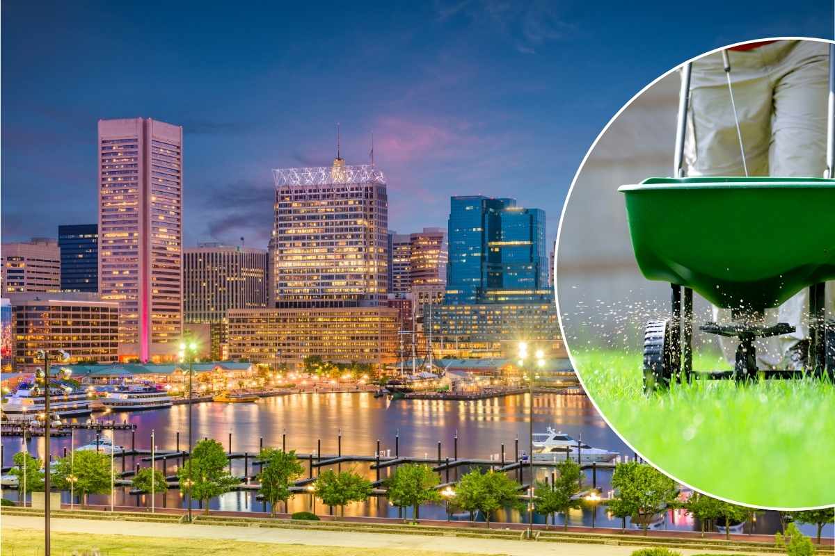 person fertilizing grass over an image of aerial view of maryland