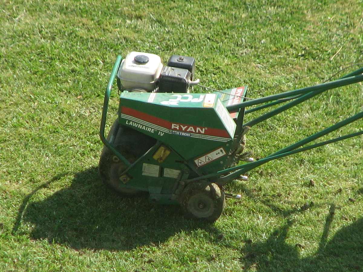 Lawn aerator on a lawn