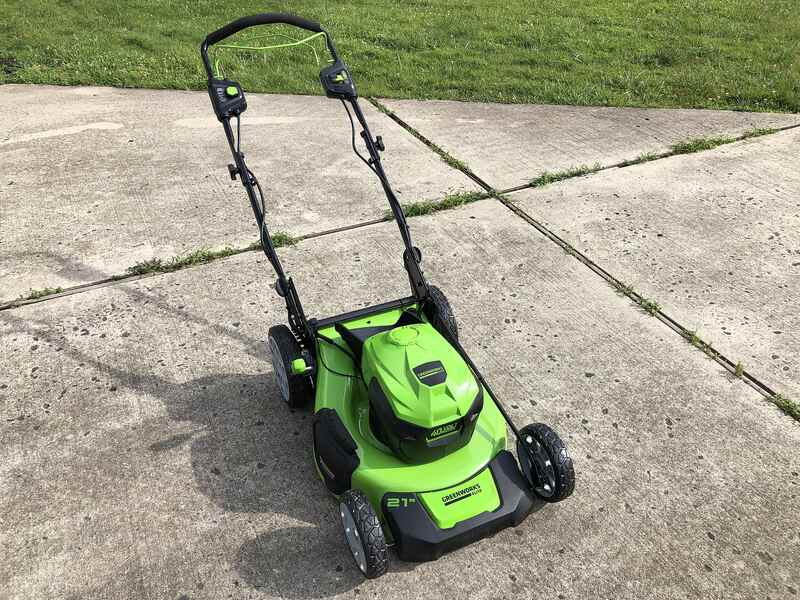 self propelled lawn mower on concrete