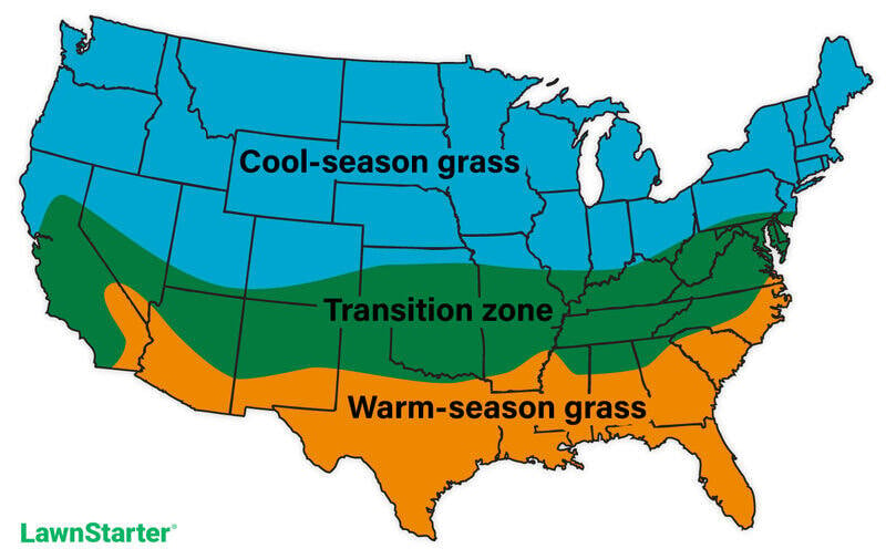 map showing the areas where warm-season and cool-season grass are grown and the transition zone