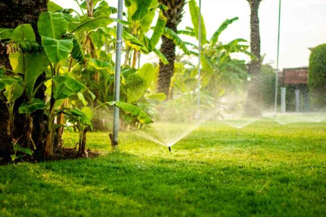 Modern automatic sprinkler working on grass irrigation. Sprinkler system watering the lawn