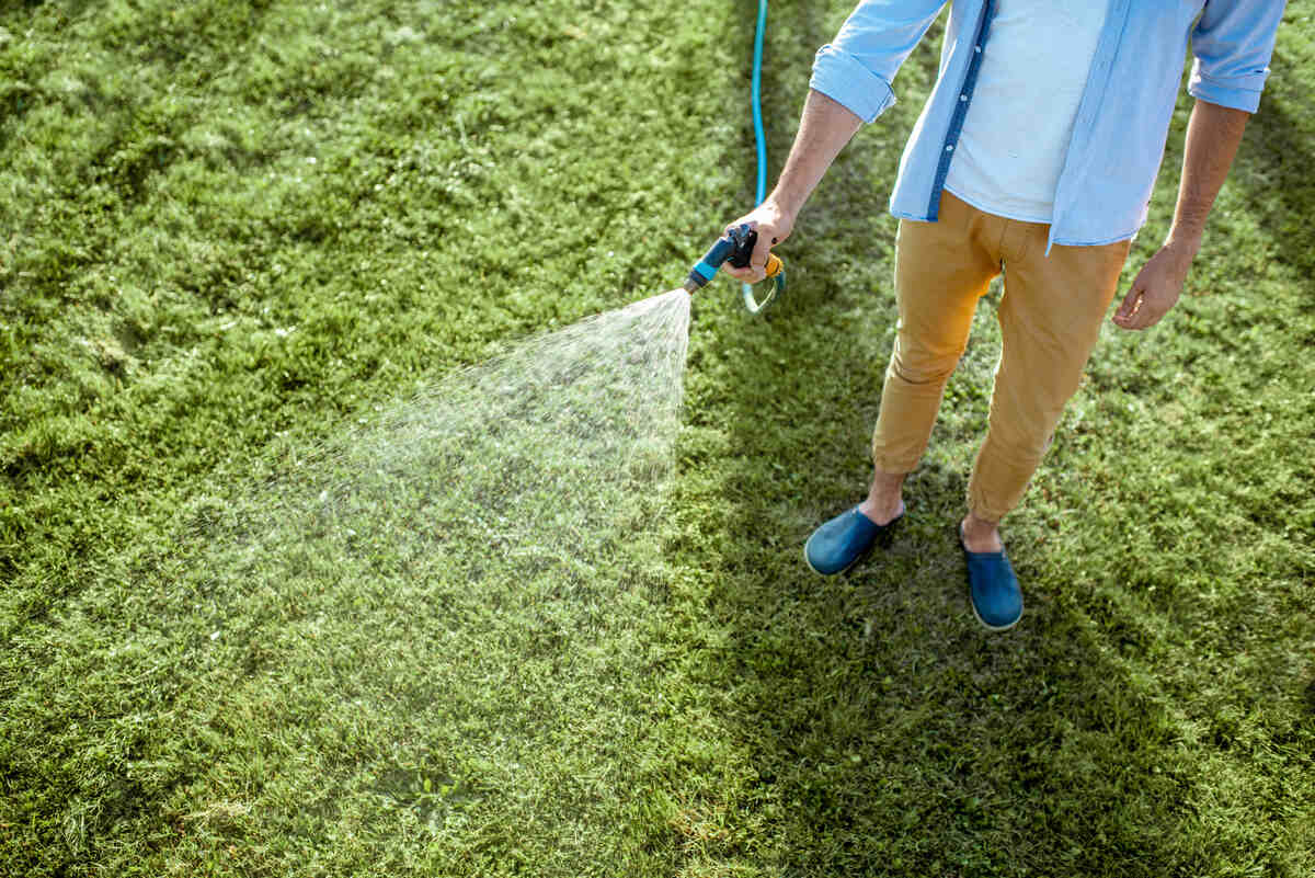Man watering green lawn, sprinkling water on the grass with water pistol, close-up with no face