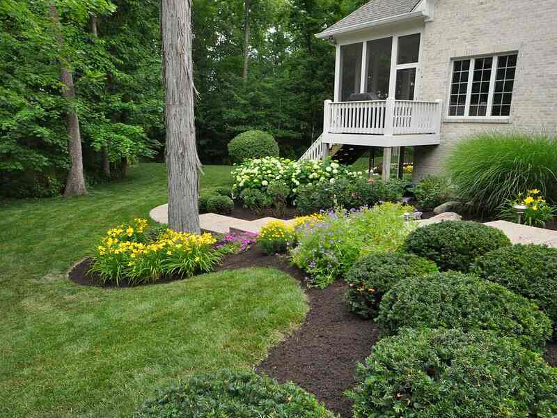 dark brown colored mulch next to a well maintained lawn
