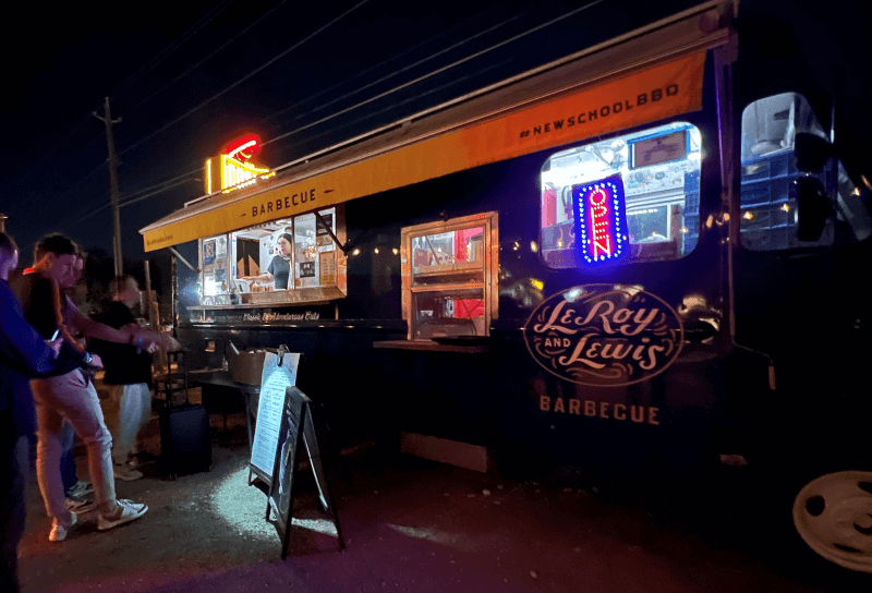 Hungry folks wait in line at the Leroy and Lewis food truck in Austin