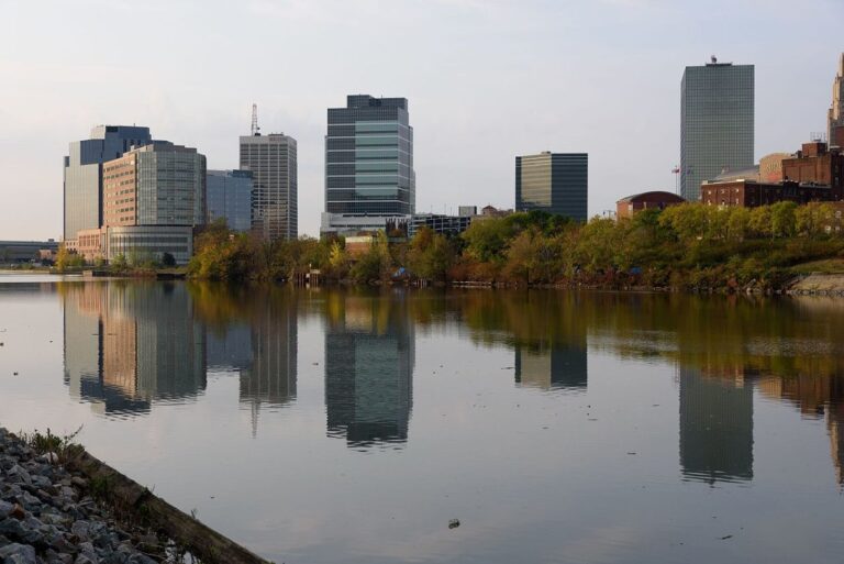 Newark skyline as seen Harrison, New Jersey, site of Newark Riverfront Park