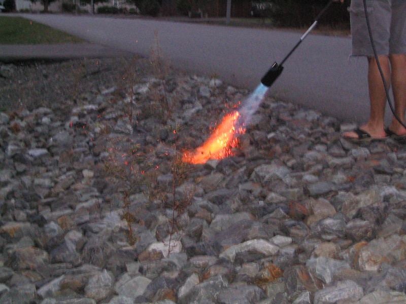 Someone using a weed torch on a bed of gravel