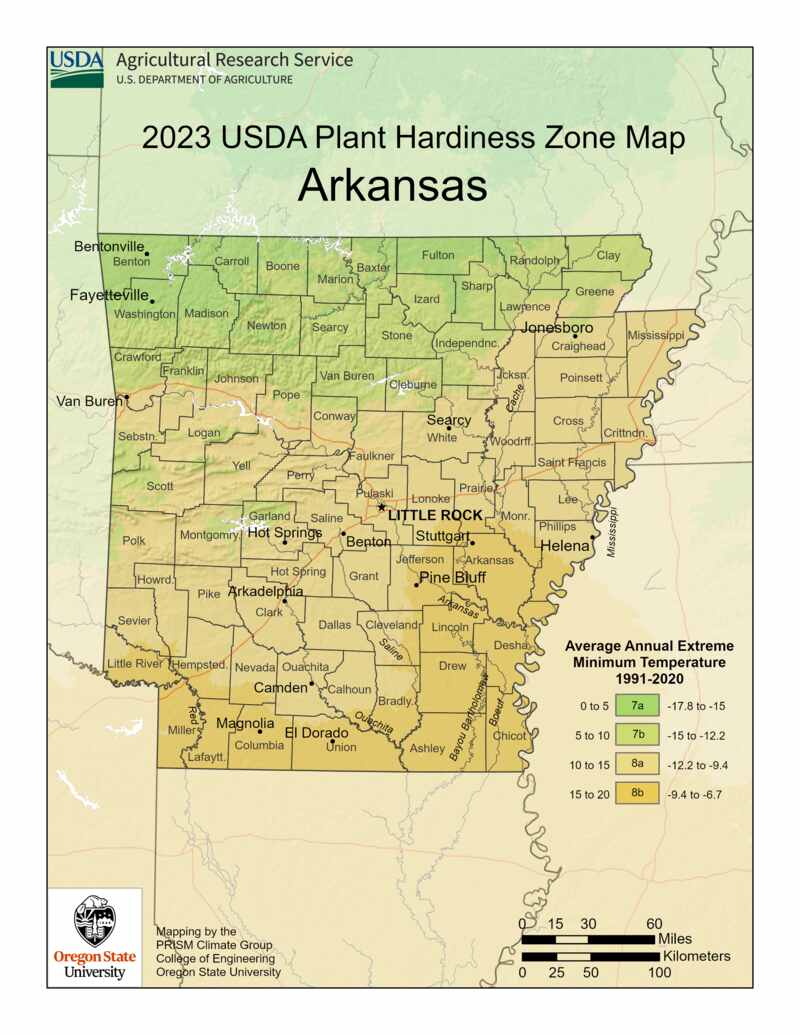 USDA Plant Hardiness Zone Map for Arkansas