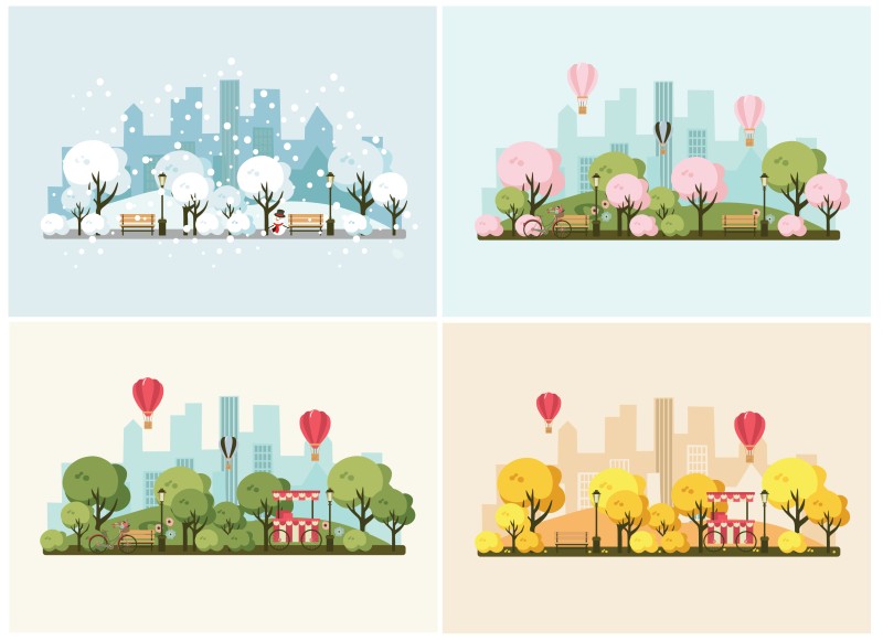 A vector illustration of four seasons in a park