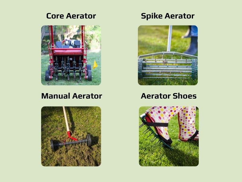 A Collage showing core aerator, manual aerator, spike aerator ans aerator shoes.